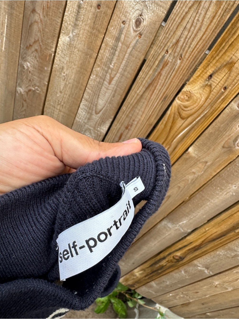 Self-Portrait Navy and Cream Striped Off-Shoulder Rib Knit Sweater - Picture 3 of 8